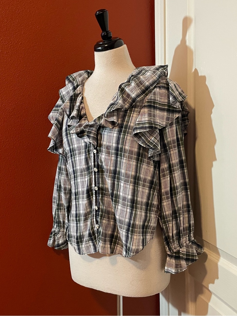 Veronica Beard Women’s Itha Ruffled Plaid Button Front Classy Blouse Top